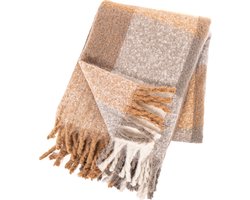 Tiseco Home Studio - Plaid FLOCK - polyester - met franjes - super zacht - geruit patroon - 130x170 cm - bruin, wit, grijs