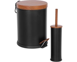 Tiss® - Pedal Bin Classic Pedaalemmer -  2-delig- Badkamer en Toilet- 5 l - Prullebank - Zwart / Bruin - Metaal / Bamboe - Rond
