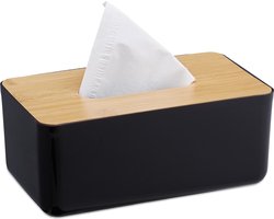 tissue box modern - deksel van bamboe - 10x23x13 cm - toilet - kunststof - zwart-natuur