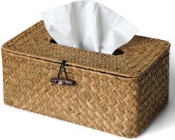 Tissue Box -Zeegras Tissuebox - Rechthoekige Tissue Box met Deksel - Landelijke Stijl voor Badkamer, Kantoor, Tafel en Thuis - 23x13x9 cm - 1 stuk- Geelbrui