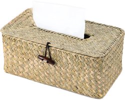 Tissue Box -Zeegras Tissuebox - Rechthoekige Tissue Box met Deksel - Landelijke Stijl voor Badkamer, Kantoor, Tafel en Thuis - 23x13x9 cm - 1 stuk- Natuurlijke Kleur