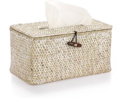 Tissue Box -Zeegras Tissuebox - Rechthoekige Tissue Box met Deksel - Landelijke Stijl voor Badkamer, Kantoor, Tafel en Thuis - 23x13x9 cm - 1 stuk- Wit