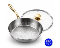 Titanium Koekenpan XL - | Titanium Koekenpan - | Titanium Koeken - Titanium Pan Met Deksel 28CM - Titanium Pan Gehamerd - Gehamerde Titanium Koekenpan - PFAS Vrije Koekenpannen - Anti-Aanbak - Inductie - For Kitchen Use