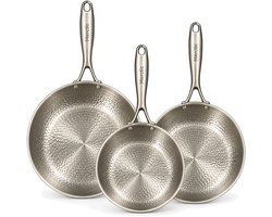 Titanium Koekenpannenset - Gehamerde Pan, Ø 20, 24 en 28 cm met Glazen Deksels - Zonder Coating - PFAS-vrij - Inductie - RVS Buitenzijde
