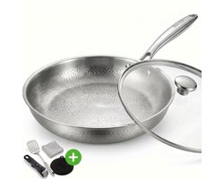 Titanium Koekenpannenset - Gehamerde Pan, Ø 28 cm met Glazen Deksel - Zonder Coating - PFAS-vrij - Inductie - RVS Buitenzijde