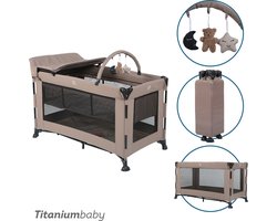 Titaniumbaby Campingbed SOLID Emma Lush Taupe inclusief Verschoontafel|Speelboog|Klamboe & bodemverhoger