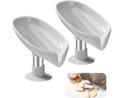 Titel: Set van 2 grijze bladvormige zeepbakjes met zuignap en drainage - geschikt voor aanrecht en douche