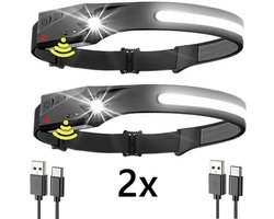 TLVX 2 stuks Felle LED Hoofdlamp met Oplaadbare Accu – Werklampen – Hoofd LED Lampen 350 Lumen – Outdoor – Waterproof – Aan/Uit Sensor – Rubberen hoofdband – Confortabel lichtgewicht Looplamp COB LED en LED Chip– inclusief accu's en laadkabels