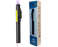 TLVX Sterke Aluminium Laser LED Zaklamp Oplaadbaar 4-in-1 – UV lamp – Werklamp – Presentatie Laserpen – LED Auto Looplamp – Rode Laser straal aanwijs pen – Magnetische Clip – Dimbaar – Magneet Accu Nood zaklamp – Worklight – Garage lamp – Waterdicht