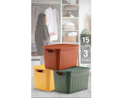 Tobeyz - Opbergbox - Opbergdoos - Opbergmand - 15L BPA-vrije Kunststof Opbergbox met Deksel – Nestelbaar en Stapelbaar – Ideaal voor Badkamer, Keuken en Speelgoedopslag - Geel, Baksteenrood, Groen