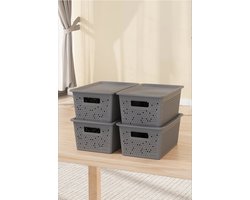 Tobeyz Seul Opbergdozen 4L – Kunststof Opbergbox | 4 Set | Optimale Ventilatie | Modulair Stapelbaar Systeem | Geïntegreerde Handgrepen | BPA-vrij Gerecycled Plastic | 27,5×18×12 cm | Grijs