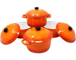 ToCi 4 x kleine ovenschalen met deksel, mini-ovenvormen van keramiek, 200 ml, ronde vormpjes 10 x 5 cm, kleine ovenschaal, kleur: oranje in set van 4