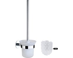 Toiletborstel en borstelhouder, wc-borstelset voor badkamer met roestvrijstalen handgreep en gehard glazen schaal, zelfklevend wanddesign en 2 borstelkoppen met zachte borstelharen, zilver
