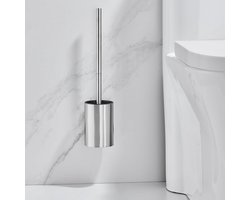 Toiletborstel Set met RVS Handvat en Houder, Zelfklevende Transparante Muurbeugel, Inclusief 2 Zachte Borstelkoppen (Zilver Getrokken)
