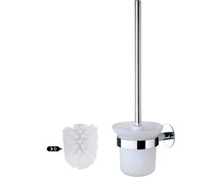 Toiletborstelhouder met roestvrijstalen handgreep en gehard glazen schaal - Zelfklevend wanddesign - 2 borstelkoppen met zachte borstelharen - Zilver wc borstel met houder en toiletrol