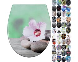 Toiletbril met softclose-mechanisme, toiletdeksel, toiletdeksel met snelsluiting, montage bovenaan, toiletbril met bloemmotief (stenen bloem)