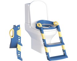 Toiletbril met Trapje - Toilettrainer met Handvaten en Opstapje - Opvouwbaar Toilet Bril Zitje - WC Zindelijkheids Training voor Jongens/Meisjes - Kindertoiletbril Urinoirs voor Kind/Peuter van 2 tot 7 jaar - Toiletverkleiner Blauw