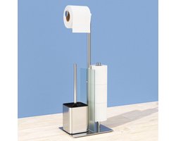 Toilethouder Staande wc-borstel en toiletrolhouder - Roestvrij staal wc-set met glazen plank - Zonder boren - Zilver