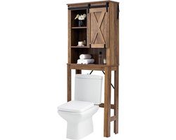 Toiletkast met 3 open planken en schuifdeur, opberkast voor boven het toilet, 68 x 22 x 171 cm, bruin