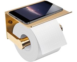 Toiletpapier Houder - WC Papier Rolhouder Toilet - Toiletrolhouder Zelfklevend - Ideaal voor Badkamer en Toilet - WC Rolhouder met Telefoonplankje - Goud