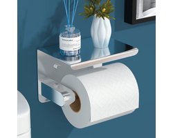 Toiletpapier Houder - WC Papier Rolhouder Toilet - Toiletrolhouder Zelfklevend - Ideaal voor Badkamer en Toilet - WC Rolhouder met Telefoonplankje - Silver
