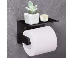 Toiletpapier Houder - WC Papier Rolhouder Toilet - Toiletrolhouder Zelfklevend - Ideaal voor Badkamer en Toilet - WC Rolhouder met Telefoonplankje - Zwart