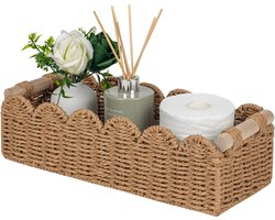 Toiletpapier Opbergmand van Papierkoord - Kleine Decoratieve Mand met Geschulpte Rand - Opbergmand voor Toilet, Woonkamer, Slaapkamer, Bijzettafel en Plank-met houten handgrepen