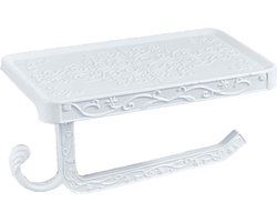 Toiletpapierhouder in retrostijl met uitgesneden bloemenmotief en plankje - puur wit aluminium badkamerrek, decoratieve toiletpapierhouder voor wandmontage, geschikt voor badkamer/kaptafel (telefoonhouder van 18,4 cm, roestwerende behandeling)