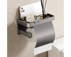 Toiletpapierhouder - Katveilig Met Deksel En Plank - Zelfklevend Waterbestendig Design - Gemakkelijk Te Reinigen Oppervlak - Grijze aluminiumlegering Met Kap - 1 Stuk Inclusief Montagekit - Voor Badkamer Wc En Camper