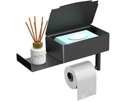 Toiletpapierhouder met box voor vochtige doekjes, matzwart, wc-papierhouder met legplank, zonder boren, roestvrij staal, wc-rolhouder met opbergruimte en extra dienblad voor badkamer