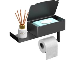 Toiletpapierhouder met doos voor vochtige doekjes, matzwart, wc-papierhouder met legplank, zonder boren, roestvrij staal, wc-papierhouder met opslag en extra dienblad voor badkamer