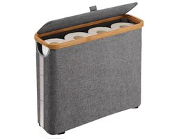 Toiletpapierhouder met grote capaciteit en deksel | Opvouwbaar, ruimtebesparend houten frame met grijze stoffen eindstuk, essentieel voor moderne huisorganisatie, duurzaam, geen installatie vereist, toiletpapieropslagcontainers