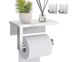 Toiletpapierhouder met marmeren plank en roestvrijstalen afwerking