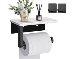 Toiletpapierhouder met marmeren plank, roestvrij staal, wc-rolhouder met boren, wandmontage, wc-rolhouder voor keuken en badkamer (zwart)
