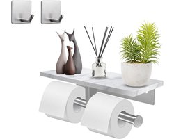 Toiletpapierhouder Plank - Dubbele Wandhouder - Badkamer Organisatie - Uniek Marmeren Rek - 30 x 10 cm Plank - Geborsteld Nikkel