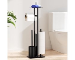 Toiletpapierhouder staand met wc-borstel en vochtige doekjes - Glazen plank mat zwart