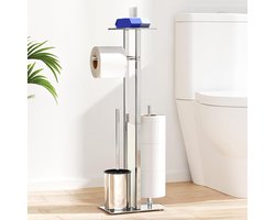 Toiletpapierhouder staand met wc-borstel en vochtige doekjesbox - Roestvrij stalen wc-rolhouder met glazen plank (zilver)