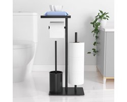 Toiletpapierhouder staand met wc-borstel en vochtige doekjesdoos - Roestvrijstaal - Glazen plank - Zwart mat