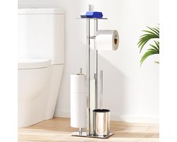 Toiletpapierhouder Staand met Wc-borstel, Lade en Glazen Plank - Zilver - Praktische 4-in-1 Combinatie voor de Badkamer