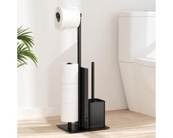 Toiletpapierhouder staand met wc-borstel - Roestvrijstaal - Zwarte mat - Glazen plank