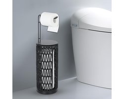 Toiletpapierhouder - Staande dispenser - Badkamer opbergen - Met rotan plank - Voor 4 rollen - Zwart
