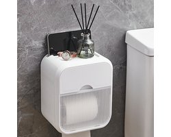 Toiletpapierhouder, Wandgemonteerde Badkamer Tissue Box, Grote Capaciteit Toiletpapier Dispenser, Met Laden, Zelfklevende Waterdichte Toiletpapierhouder, Met Opslagrek, Wit Transparant