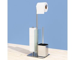 Toiletpapierhouder - Wc-borstel en Glazen Plank - Zonder Boren - Roestvrij Staal - Staande - Gepolijst - Zilver
