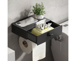 Toiletpapierhouder zonder boren met opbergdoos en lade voor vochtige doekjes - wandmontage, badkameraccessoires (mat zwart)