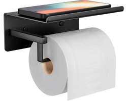 Toiletpapierhouder Zwart met Plank – RVS WC-Rolhouder Zelfklevend of Schroefmontage – Modern Design – Geschikt voor Grote Rollen – 16 x 7 cm