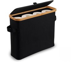 Toiletpapiermand - Houten Toiletpapier Opbergmand met Deksel - Zwart - Bamboe & Oxford - 45x15x35cm - Stof- en waterdicht & Inklapbaar - Geschikt Voor Toilet, Badkamer