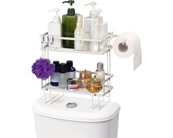 Toiletrek, opberg over het toilet, 2 verdiepingen tellende badkamerorganizer, over het wc-rek zonder boren met haken, badkamerrek, doucheplank voor het organiseren van papier, handdoeken, shampoo, wit