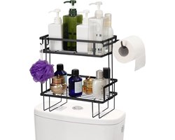 Toiletrek, opberg over het toilet, 2 verdiepingen tellende badkamerorganizer, over het wc-rek zonder boren met haken, badkamerrek, doucheplank voor het organiseren van papier, shampoo, zwart