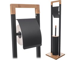 Toiletrolhouder met geïntegreerde wc-borstel - Staande toiletpapierhouder voor badkamer, wc-garnituur van staal en bamboe
