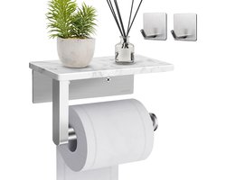 Toiletrolhouder met marmeren plank - roestvrijstalen toiletrolhouder met boring wandgemonteerde toiletrolhouder voor keuken en badkamer voor badkamer (zilver)